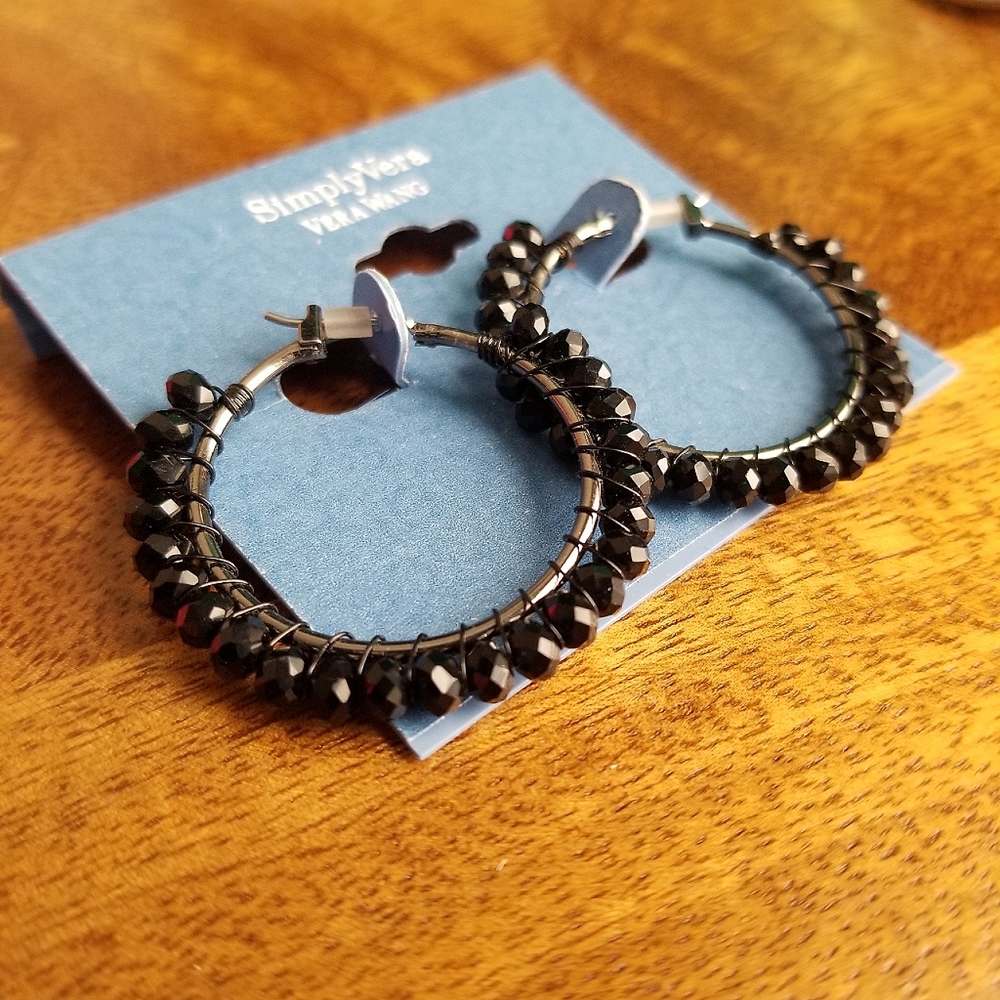 Simply Vera Vera Wang Hoop Earrings Beaded Black Silver NWT